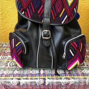 Gorgeous Black Leather Backpack  with Huipil from Chichicastenango in Guatemala